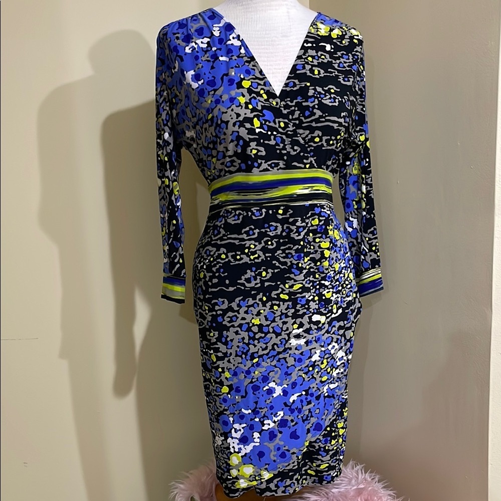 Nine West Blue Black Yellow Printed Long Sleeve Sheath Dress size Medium
